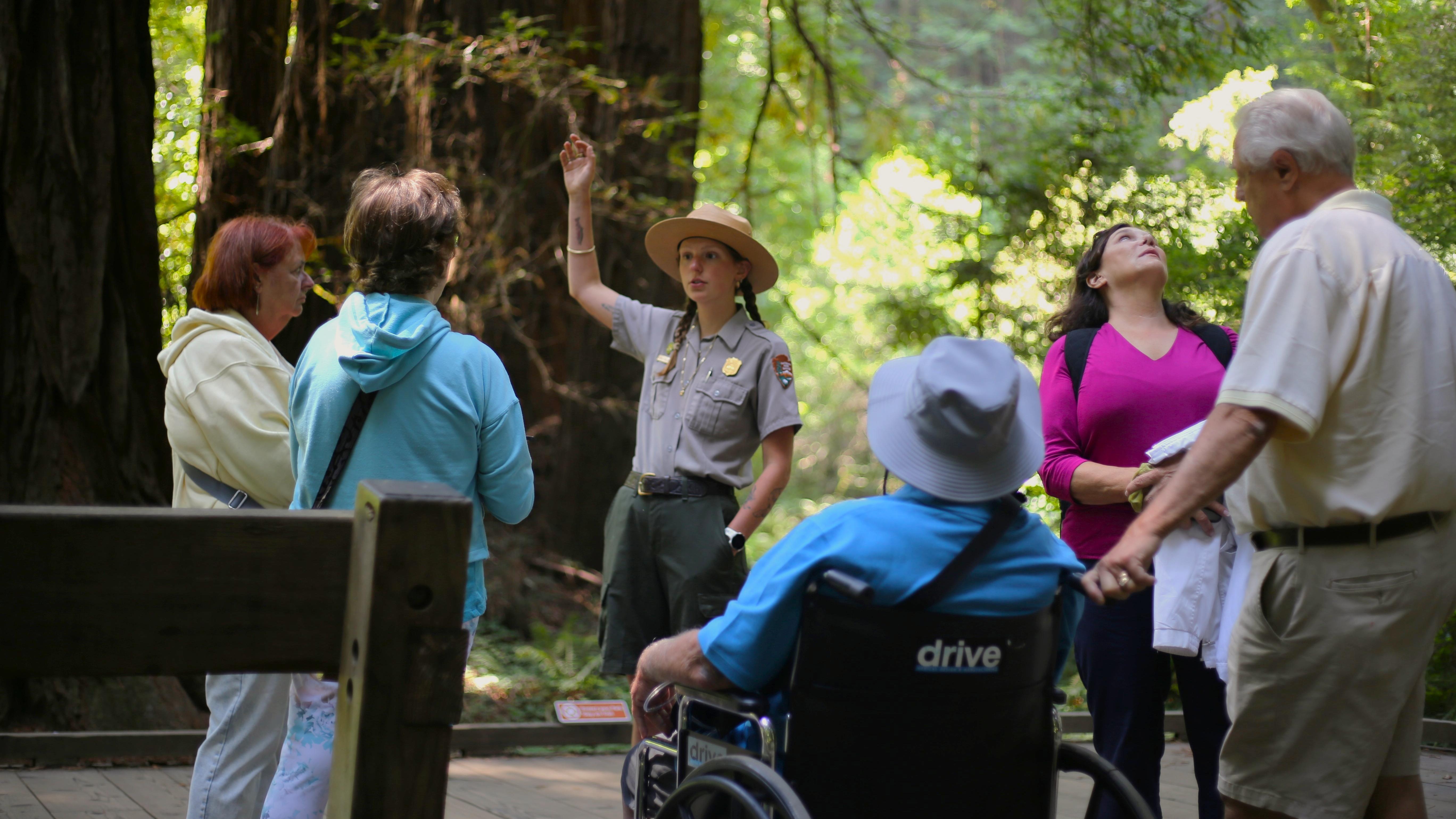 a ranger talks with visitors in a lush redwood forest