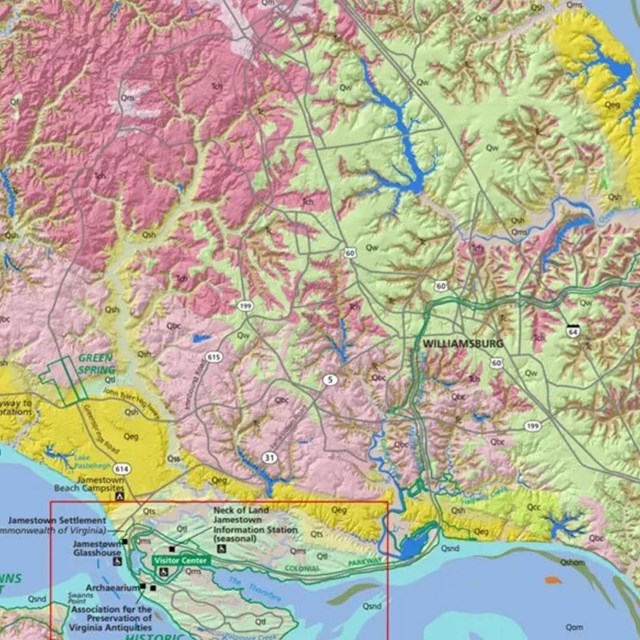 A colorful geologic map of Colonial National Historical Park with areas of pink, mint green, yellow