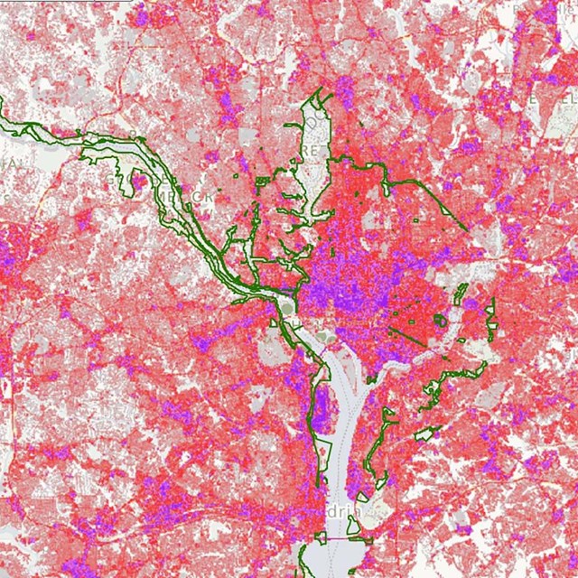 Map of DC and surroundings showing impervious surface in orange and red colors