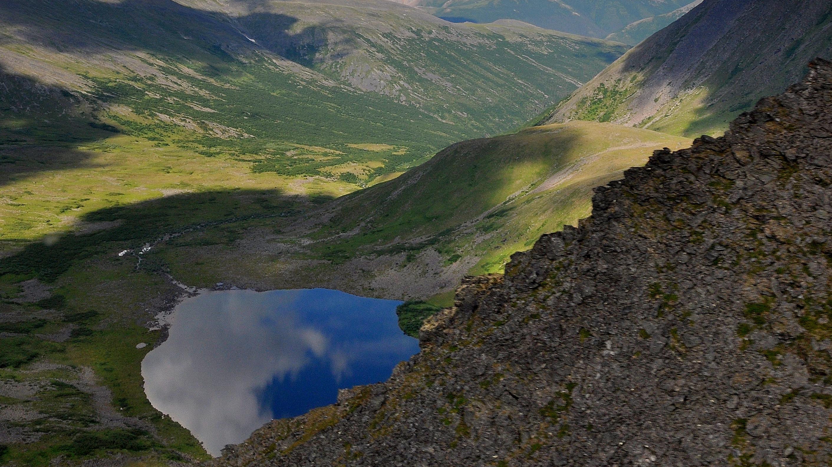 Aerial picture of a lake in the mountains in the Arctic