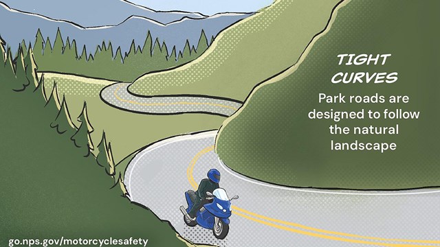 Graphic with motorcycle along winding mountain road. 