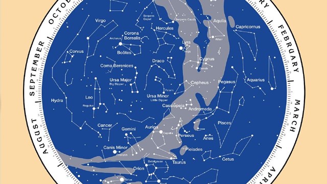 Illustration of constellations on a night sky chart