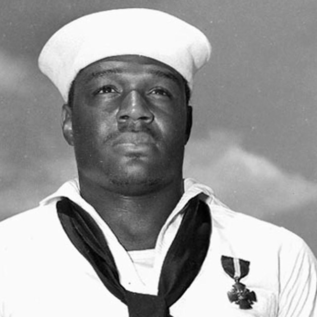 Portrait of Doris Miller in uniform wearing the Navy Cross
