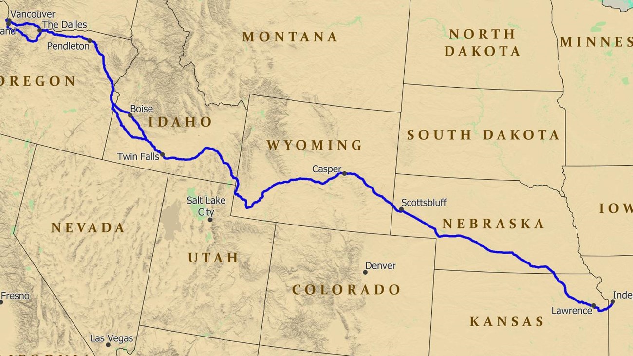 A map of the USA with a trail depicted from the midwest to Oregon.