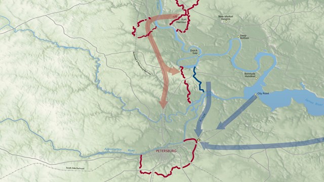 Map with red and blue arrows moving toward Petersburg.