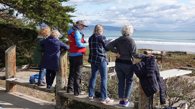 A docent in a red vest stands on a bench with park visitors by a beach.