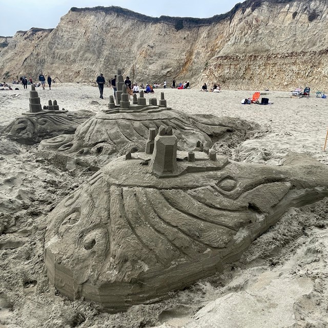 A large sand sculpture of two whales on which small towers and terraces have been constructed.