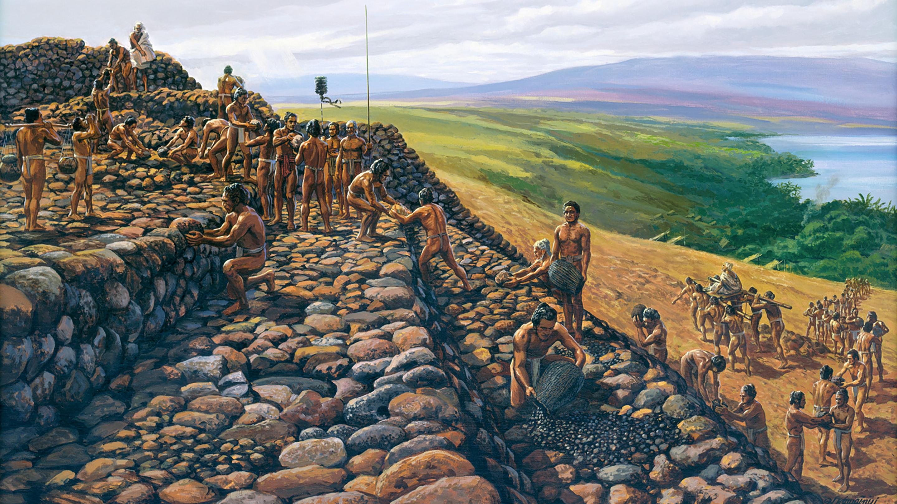 Painting by Herb Kawainui Kane depicting men building the heiau