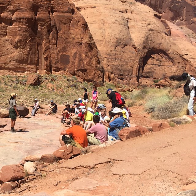 A group of people stand around a park ranger on a large sandstone canyon