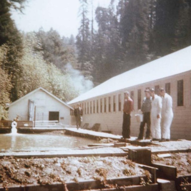 Historic image of several men standing by an artificial pond next to a wood building