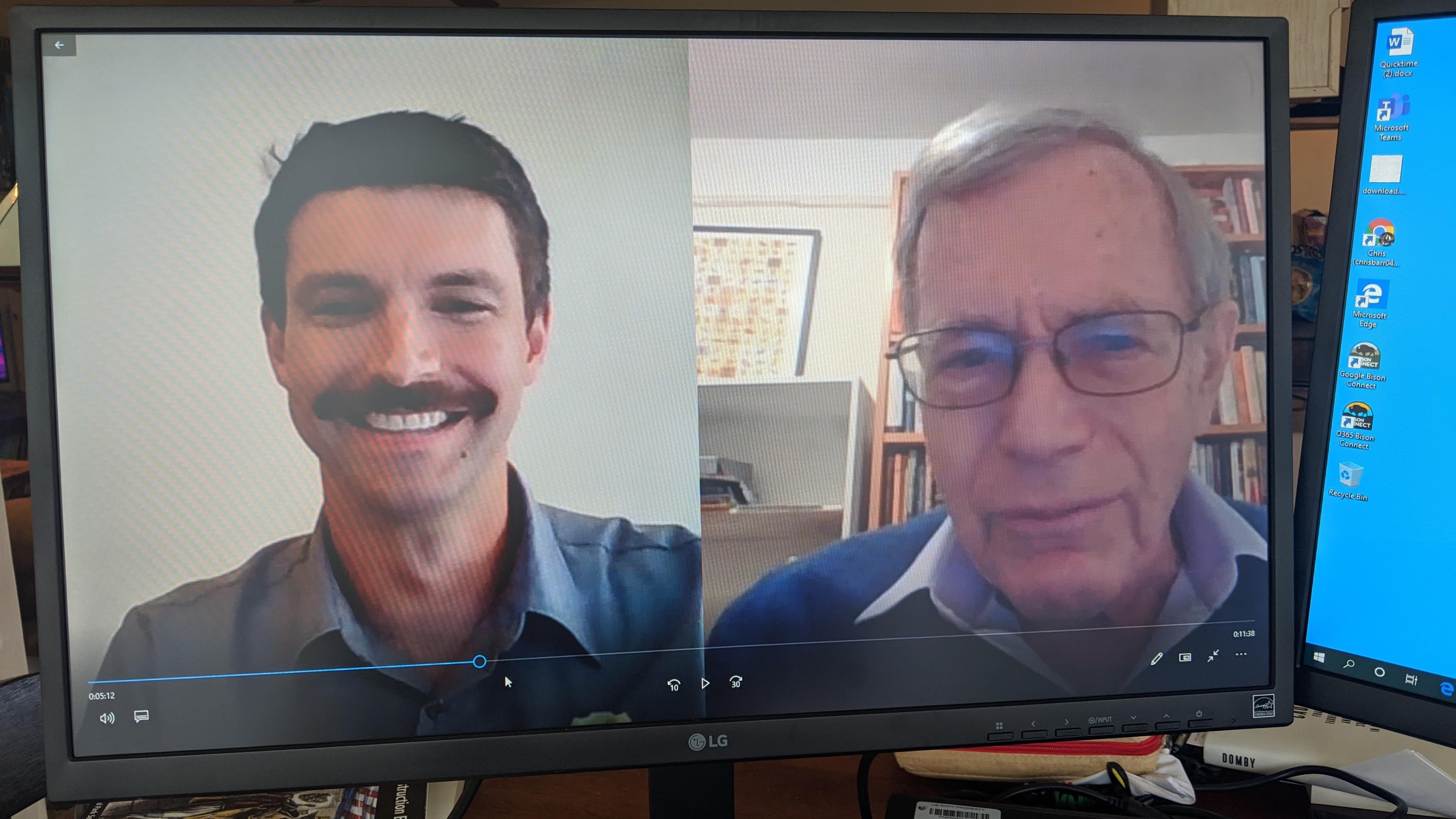 A split screen of a computer with two people