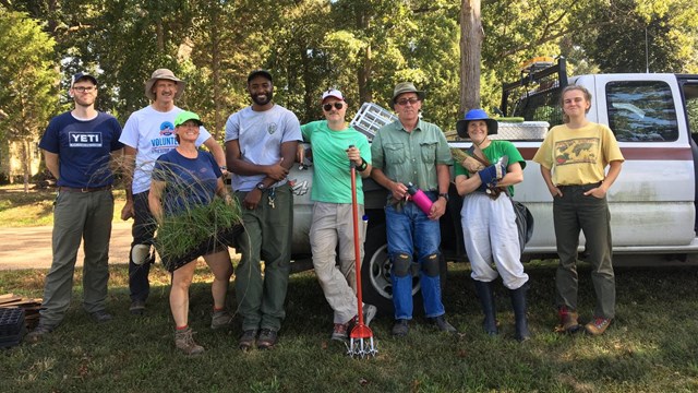 A group of volunteers holding native grasses at a service project near the Fort Harrison battlefield