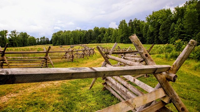 A close view of fencing on a battlefield with 2 cannon in the background.