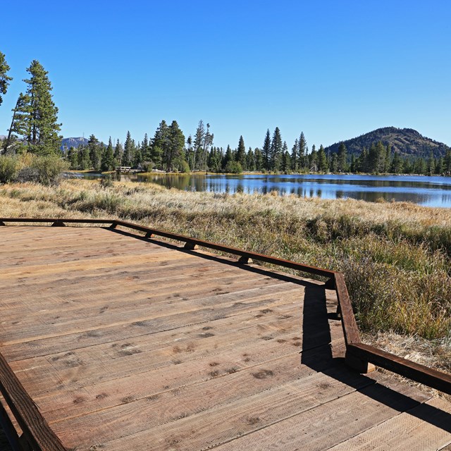 Newly built Sprague Lake Boardwalk overlooking scenic Sprague Lake