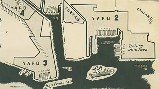 A drawing of a map of the Richmond historic shipyard locations. 