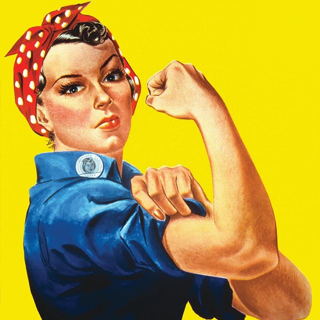An illustration of a woman doing a flex in a red bandana and blue shirt. 