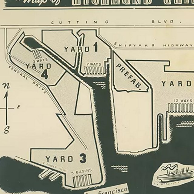 A drawing of a map of the Richmond historic shipyard locations. 