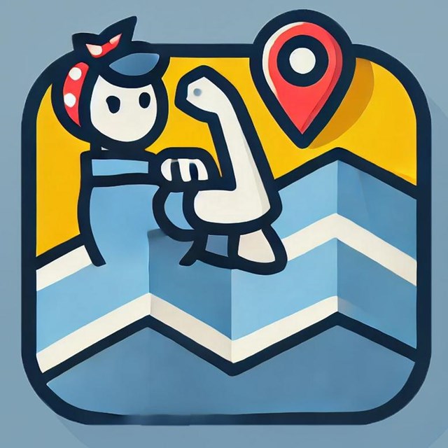 An icon featuring a vector drawing of a Rosie and a map and map point icon.