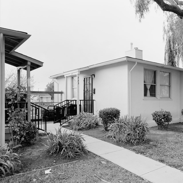 A historic photo of a single story house with a tree in the yard. 