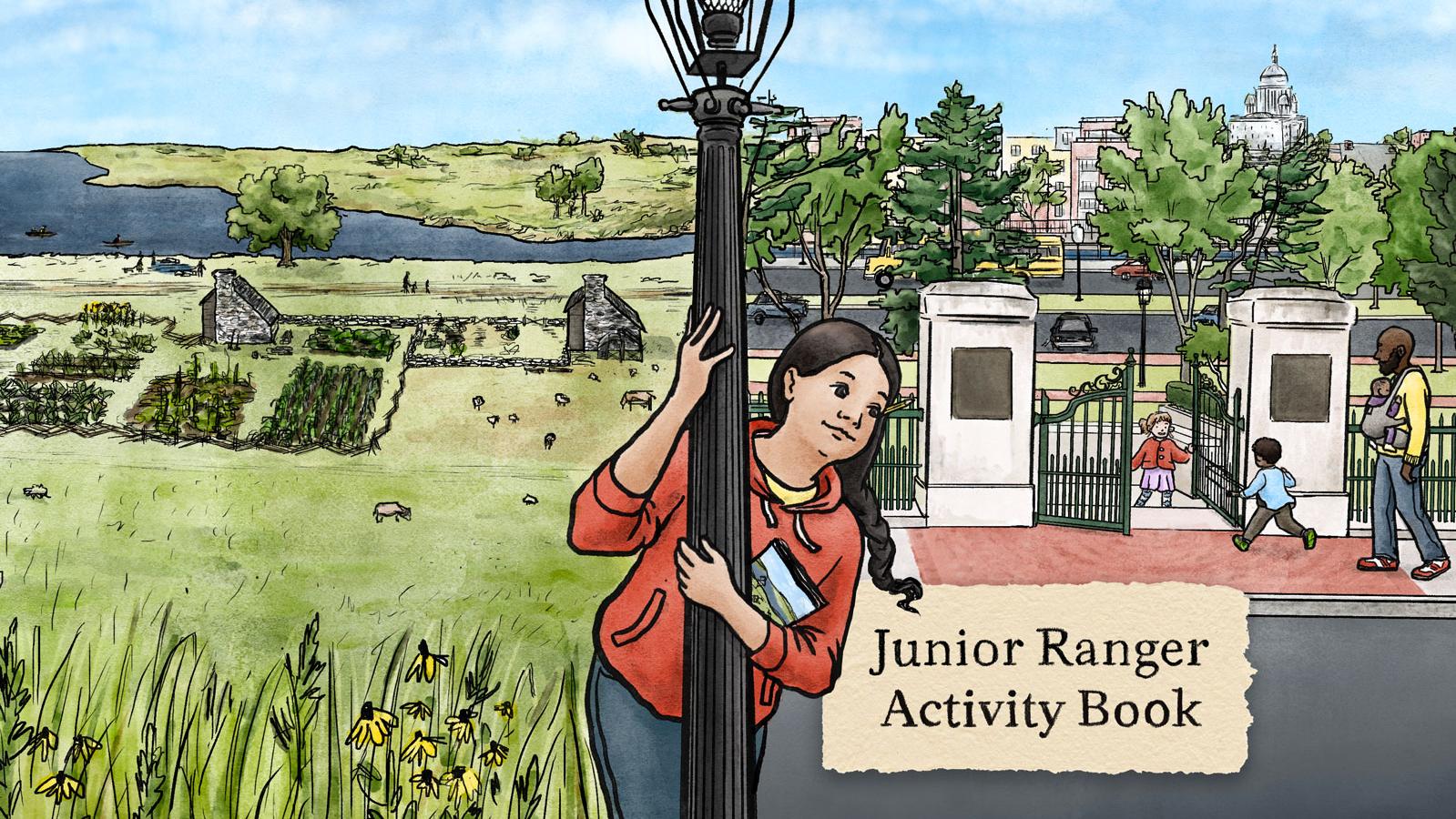 Sketch of a girl standing in front of the national memorial