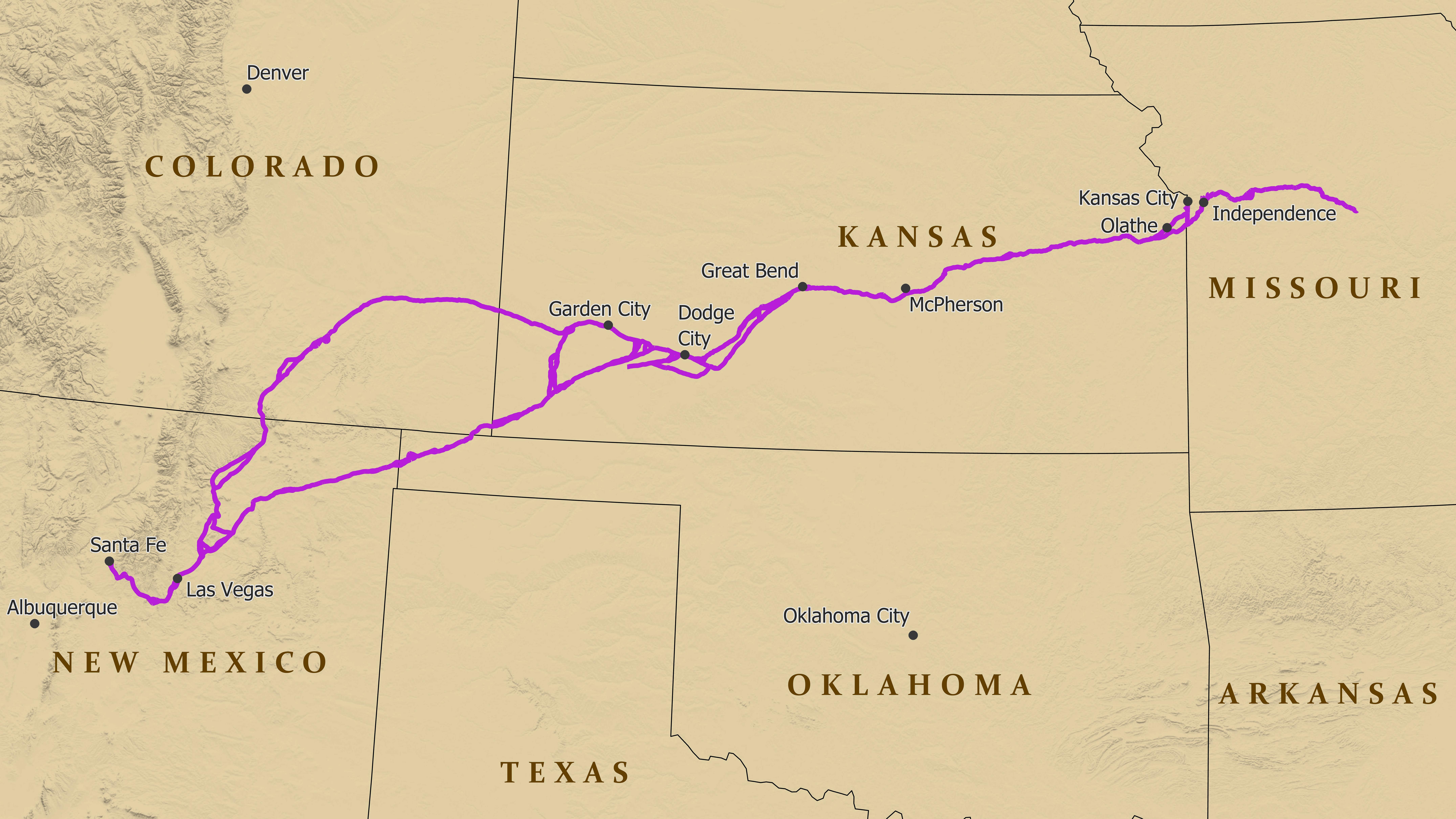 A map depicting a trail from Missouri to Santa Fe, NM