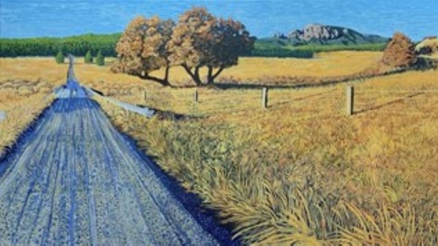 A painting of a path next to a fence in a grassy setting.