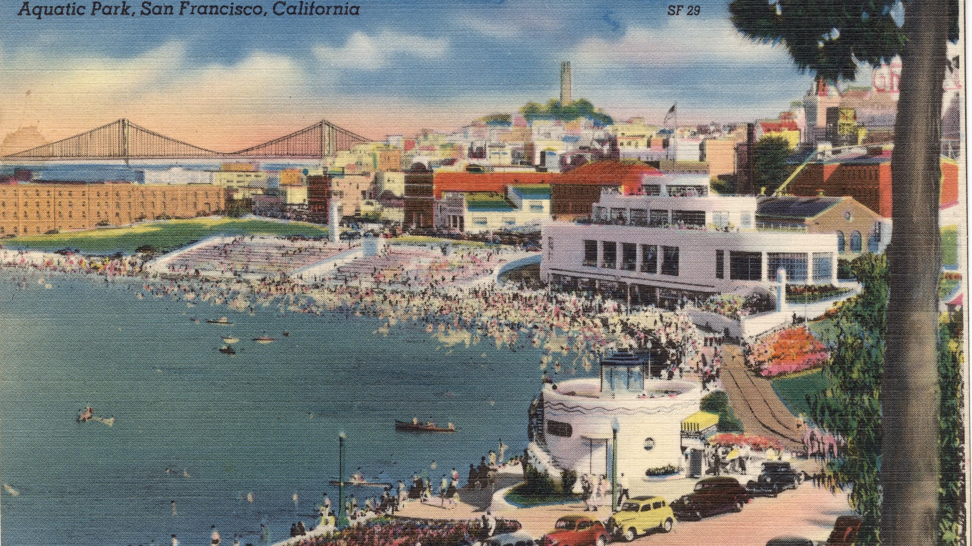 Colored postcard from the 1930s showing a view of Aquatic Park Cove