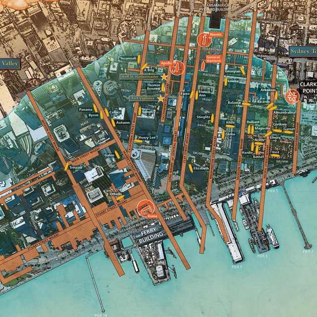 an illustrated map showing the original Yerba Buena cove shoreline compared to the modern shoreline.