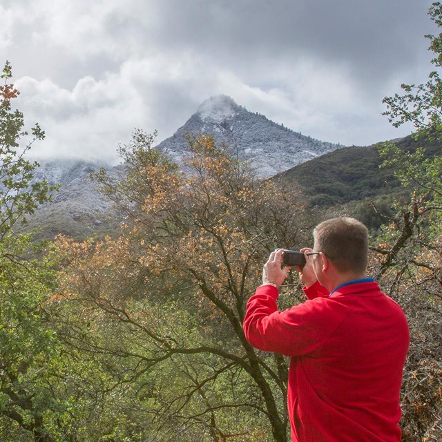 A birdwatcher peers through binoculars. Photo by Kirke Wrench.