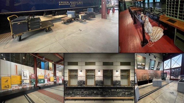 composite image of 5 different portions of the history museum at Steamtown
