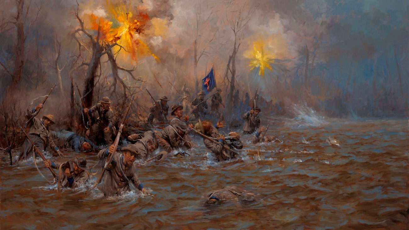 Painting of Confederate soldiers wading across a river while under fire.