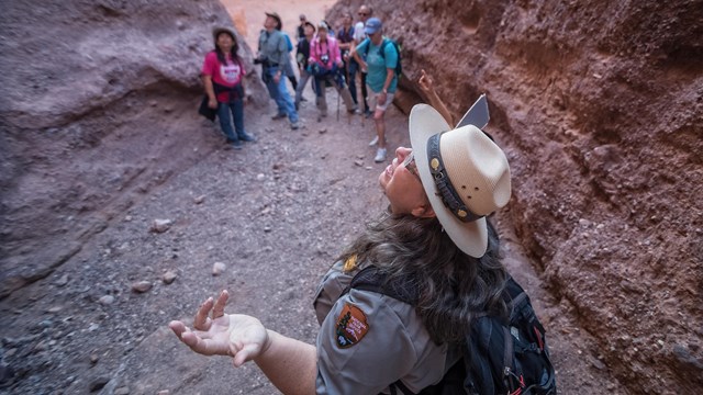 NPS ranger giving a tour of a canyon to members of the public. NPS photo.