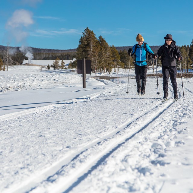 Two cross country skiers glide on freshly groomed ski tracks near Old Faithful.