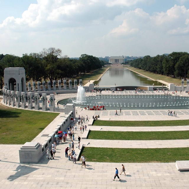 Visitors explore the World War II Memorial.