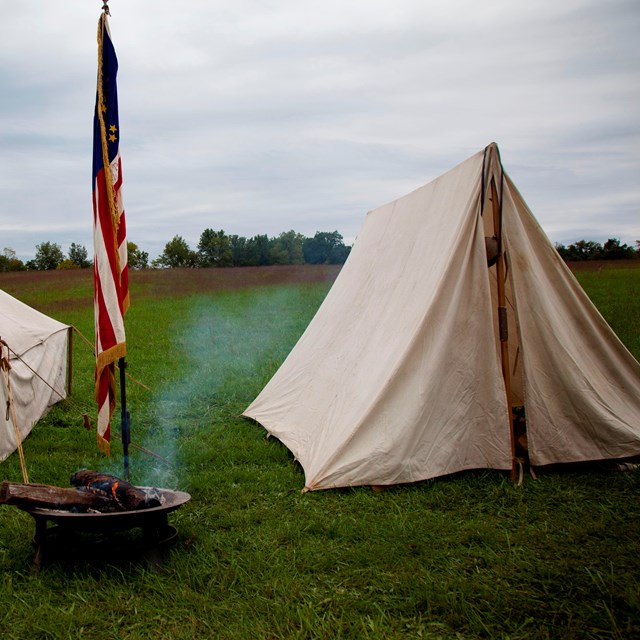 Living history tents set up at Antietam National Battlefield.