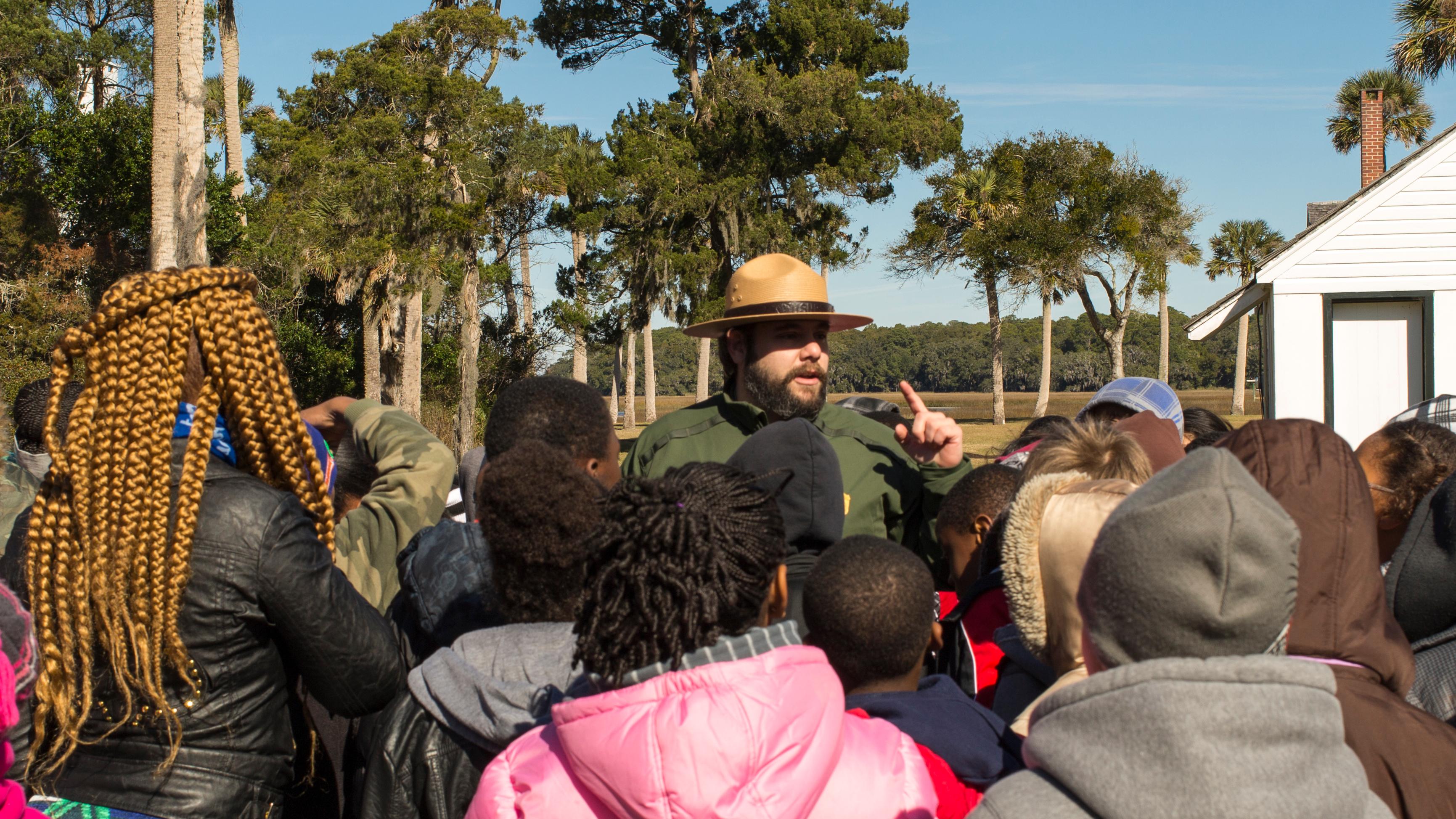 ranger with a large group of kids