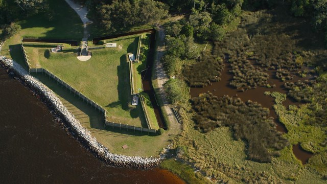 an overhead image of the triangular fort model at the rivers edge