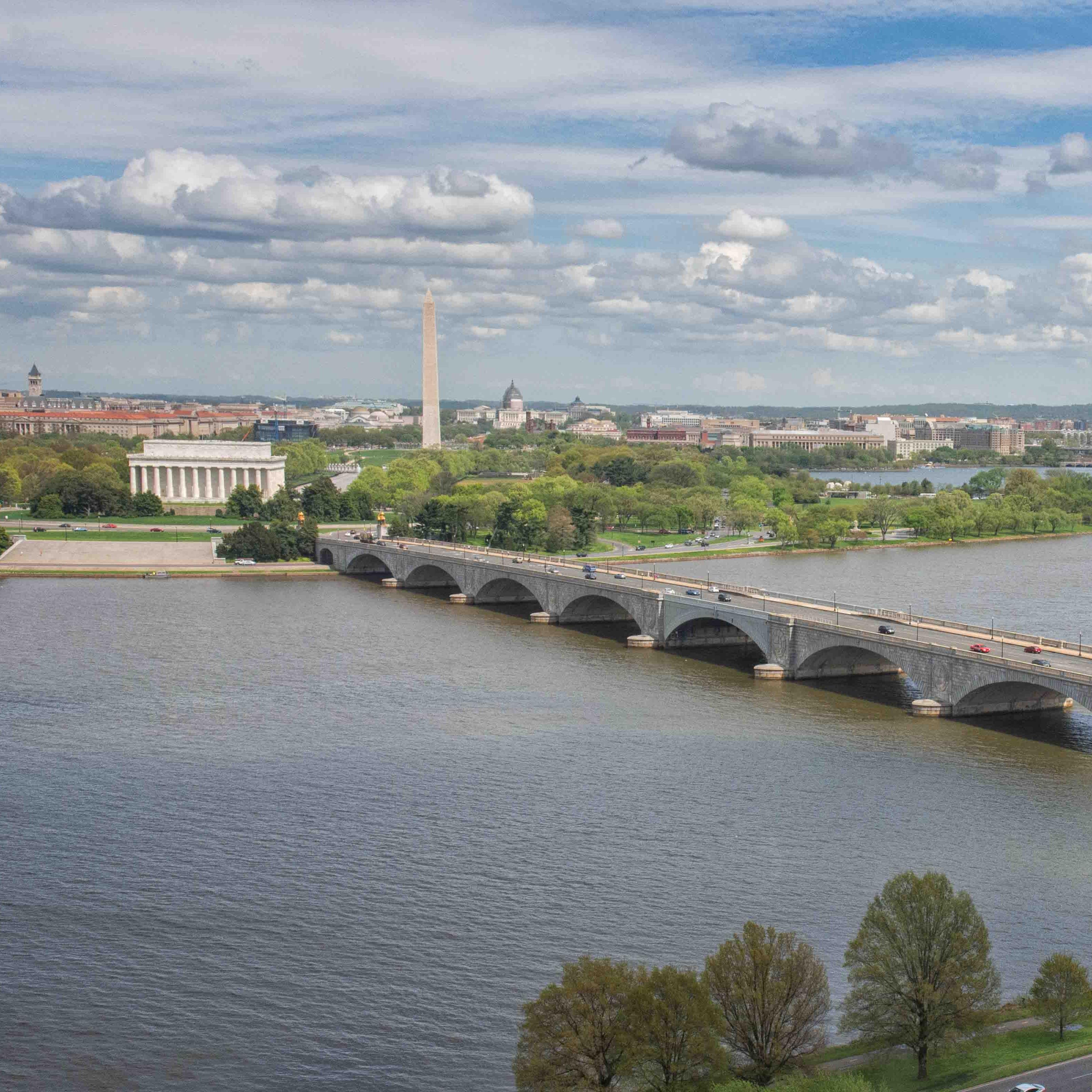 looking across river, bridge on right, washington monument in left background
