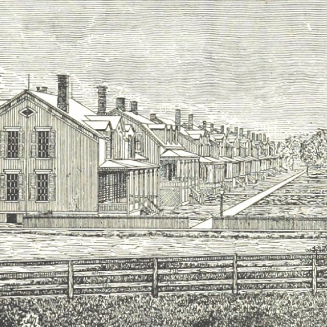 Drawing of houses all in row with fields. 