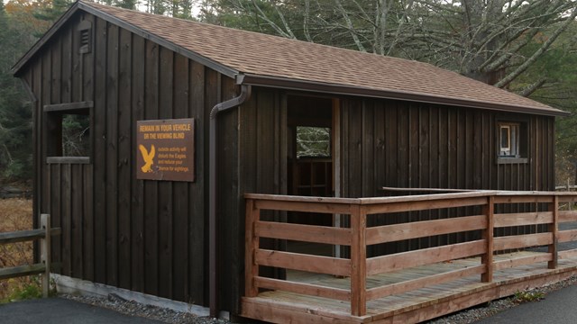 Small wood building with cut-out windows and a wooden ramp.