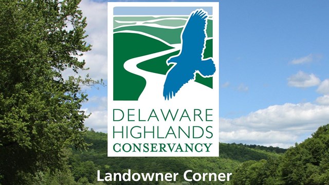 lush river landscape with Delaware Highlands Conservancy logo