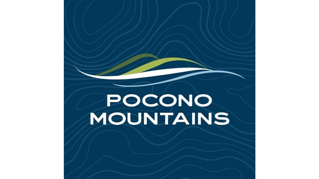 Logo on blue background: Wavy shapes in light green, white, & light blue over "Pocono Mountains"