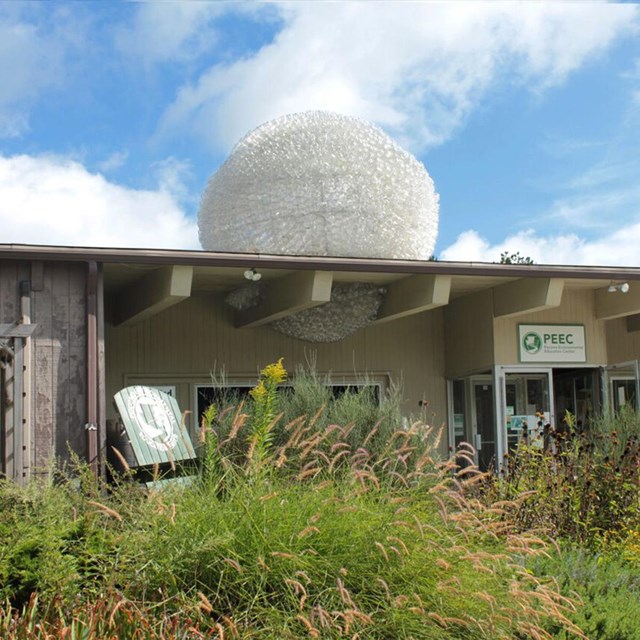 Low building with various green shrubbery in front and a large white sphere structure on its roof.