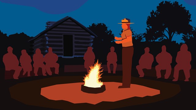 Park ranger wearing a ranger hat stands next to a fire. Silhouetted people sit on benches.