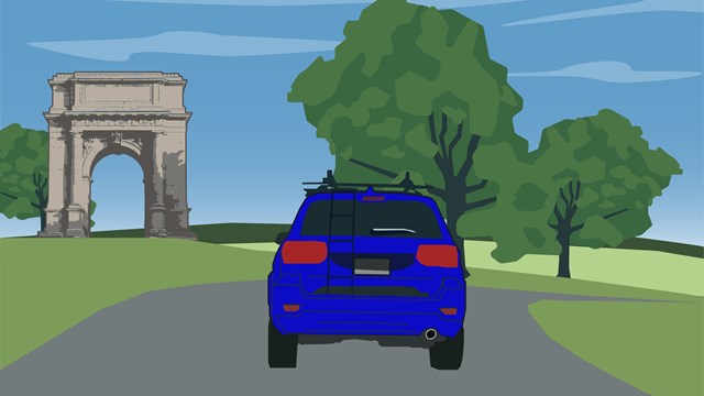 An illustration of the National Memorial Arch, trees, and the back of a vehicle.