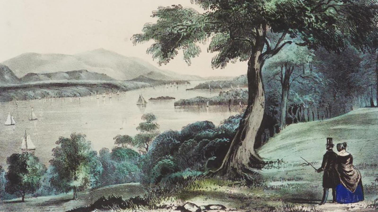 A watercolor print of a couple overlooking a river landscape.
