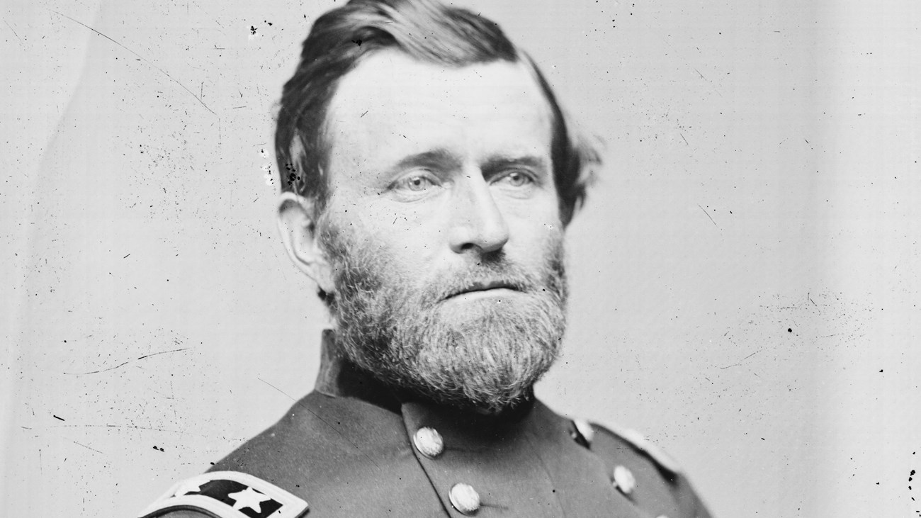 A black and white image of Ulysses S. Grant wearing his union major general uniform.