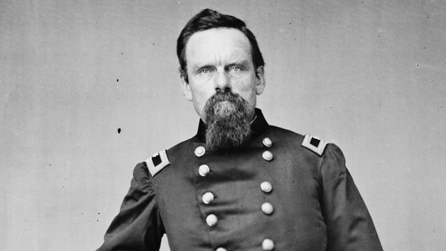 A black and white image of Peter Osterhaus standing in Civil War army uniform.