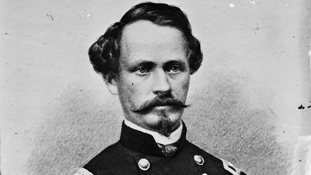 A black and white image of Alvin Hovey wearing Civil War uniform