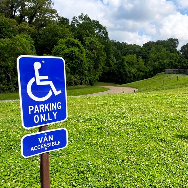 Handicap Accessible Parking signs located in the grass. 